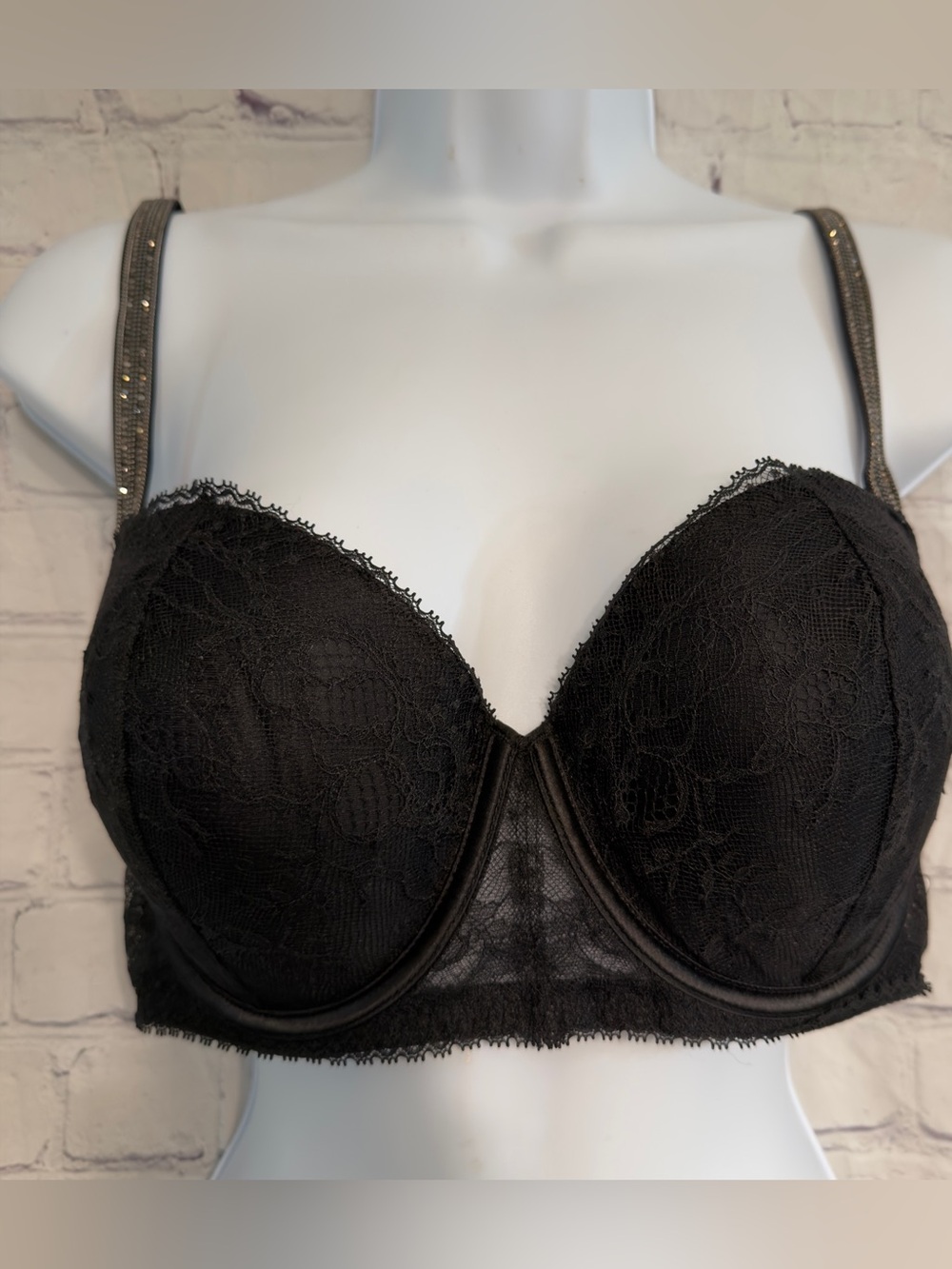 Victoria's Secret Black Lace Balconet Bra with Studded Straps 38D